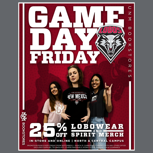 game day poster, featuring students dressed in Lobo merch.